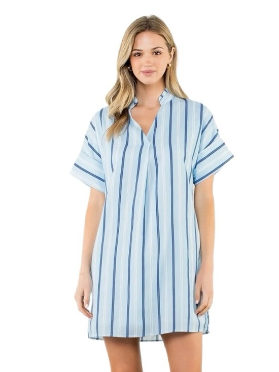 THML Dresses & Skirts - NWT THML Light Blue White Striped V-Neck  Dress Size M